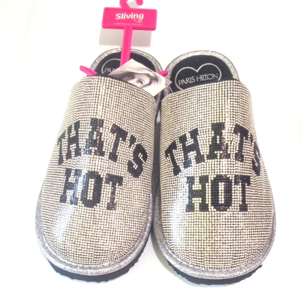 PARIS HILTON SILVER BLACK RHINESTONE SLIPPERS SIZE 7-8 NWT